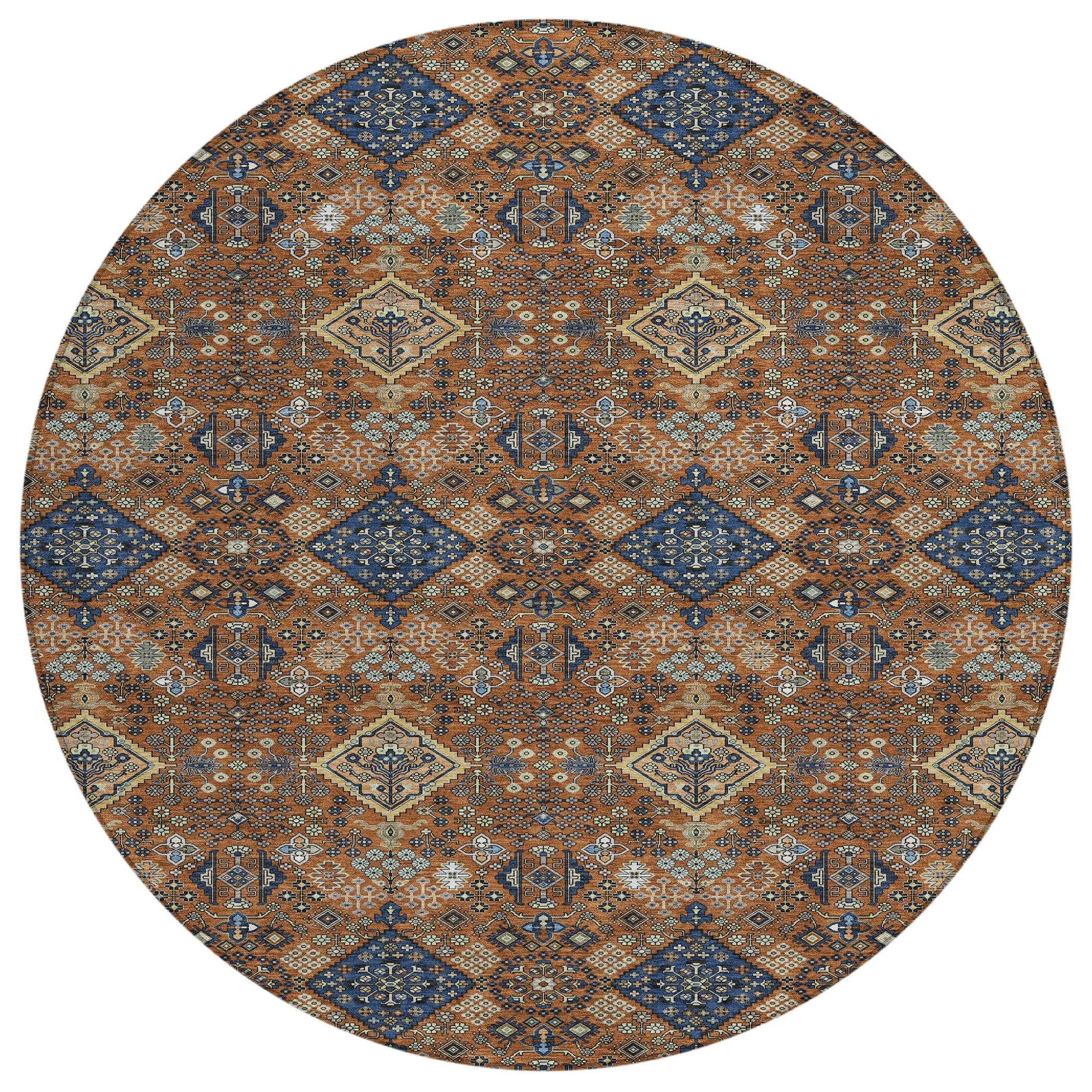 8' Orange And Navy Blue Round Geometric Washable Indoor Outdoor Area Rug Homeroots Outdoor