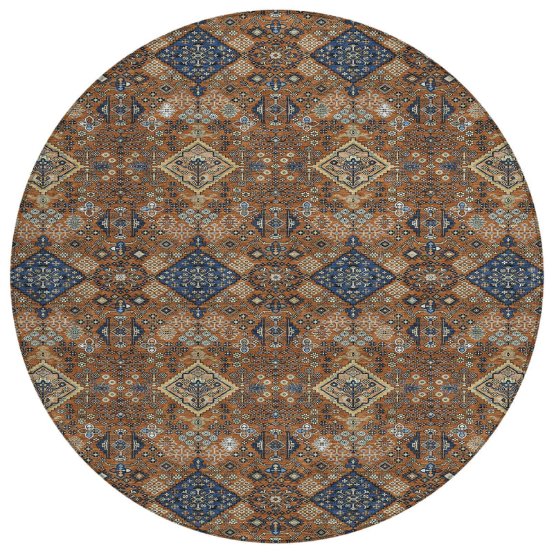 8' Orange And Navy Blue Round Geometric Washable Indoor Outdoor Area Rug Homeroots Outdoor