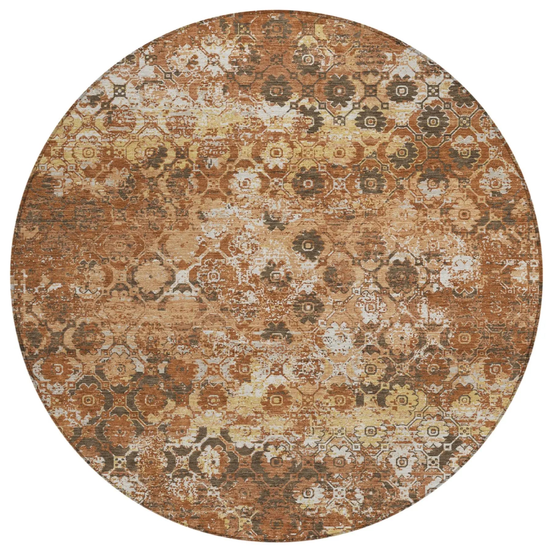 8' Orange And Rust Round Floral Medallion Washable Indoor Outdoor Area Rug Homeroots Outdoor