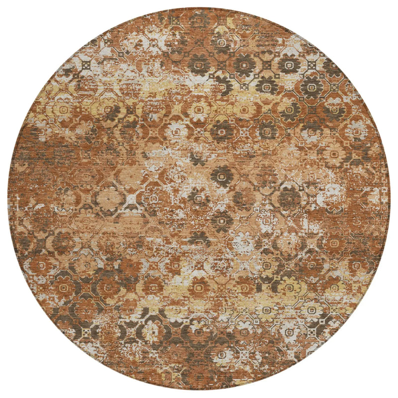 8' Orange And Rust Round Floral Medallion Washable Indoor Outdoor Area Rug Homeroots Outdoor