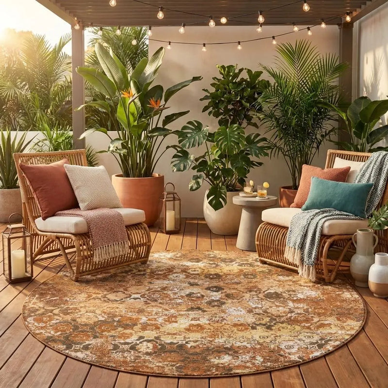 8' Orange And Rust Round Floral Medallion Washable Indoor Outdoor Area Rug Homeroots Outdoor