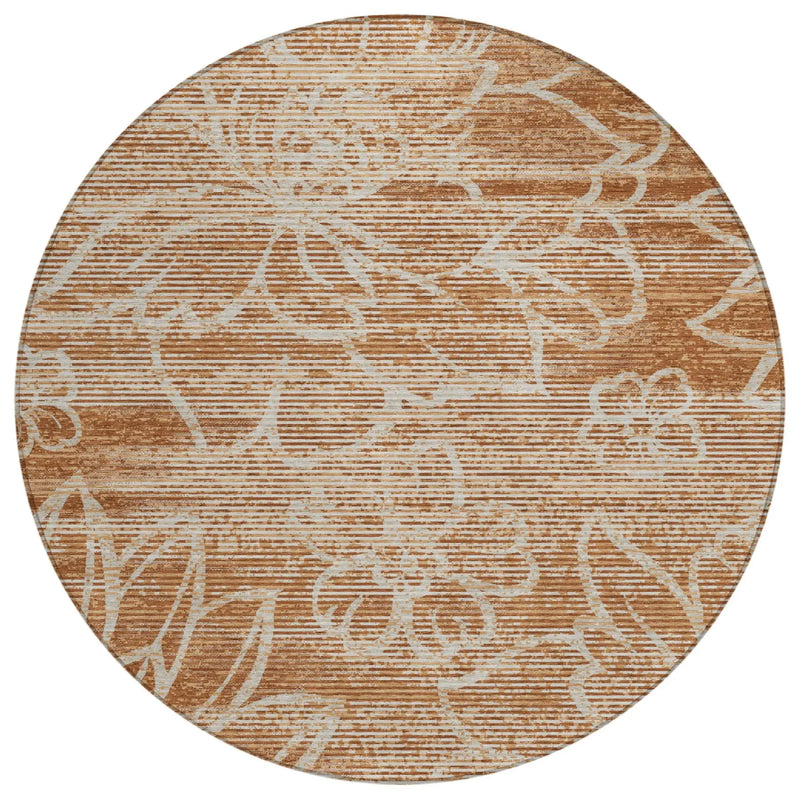 8' Orange And Rust Round Floral Washable Indoor Outdoor Area Rug Homeroots Outdoor