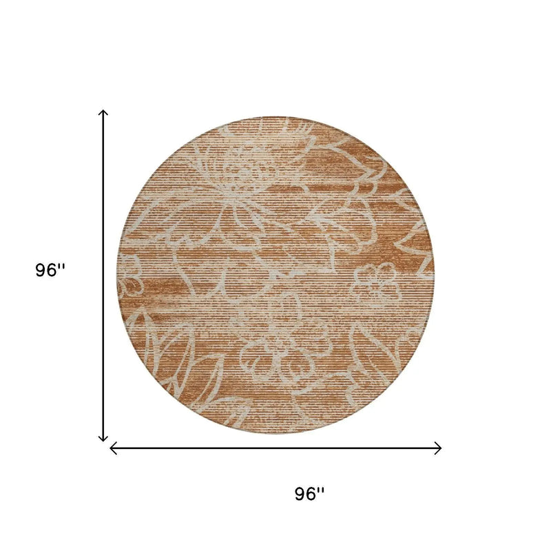 8' Orange And Rust Round Floral Washable Indoor Outdoor Area Rug Homeroots Outdoor