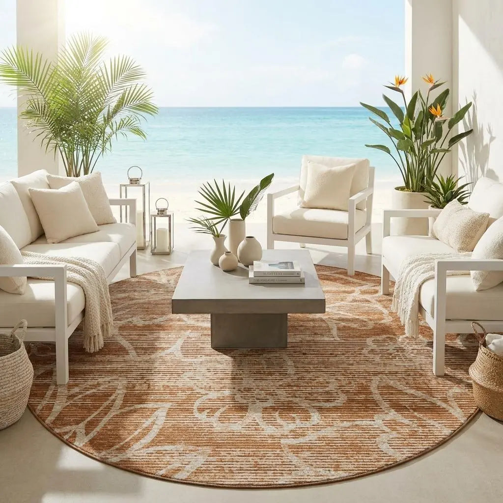 8' Orange And Rust Round Floral Washable Indoor Outdoor Area Rug Homeroots Outdoor