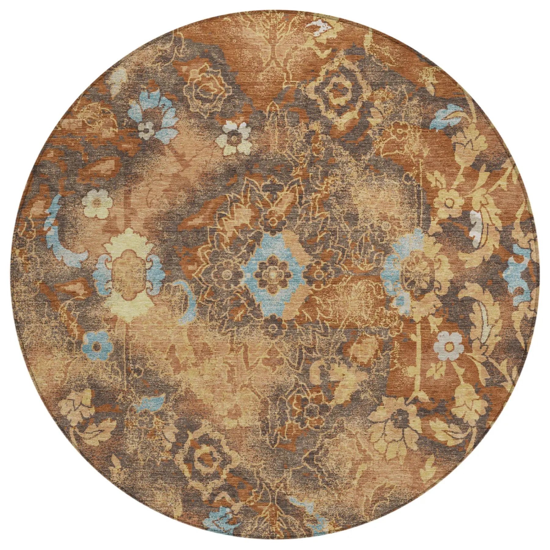 8' Orange And Rust Round Floral Washable Indoor Outdoor Area Rug Homeroots Outdoor