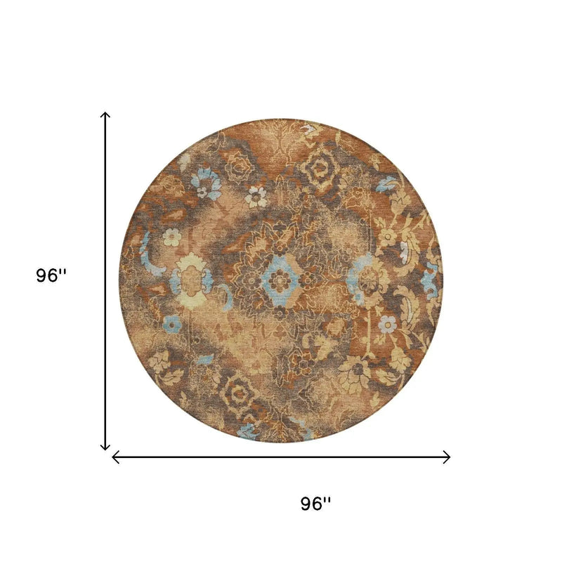 8' Orange And Rust Round Floral Washable Indoor Outdoor Area Rug Homeroots Outdoor