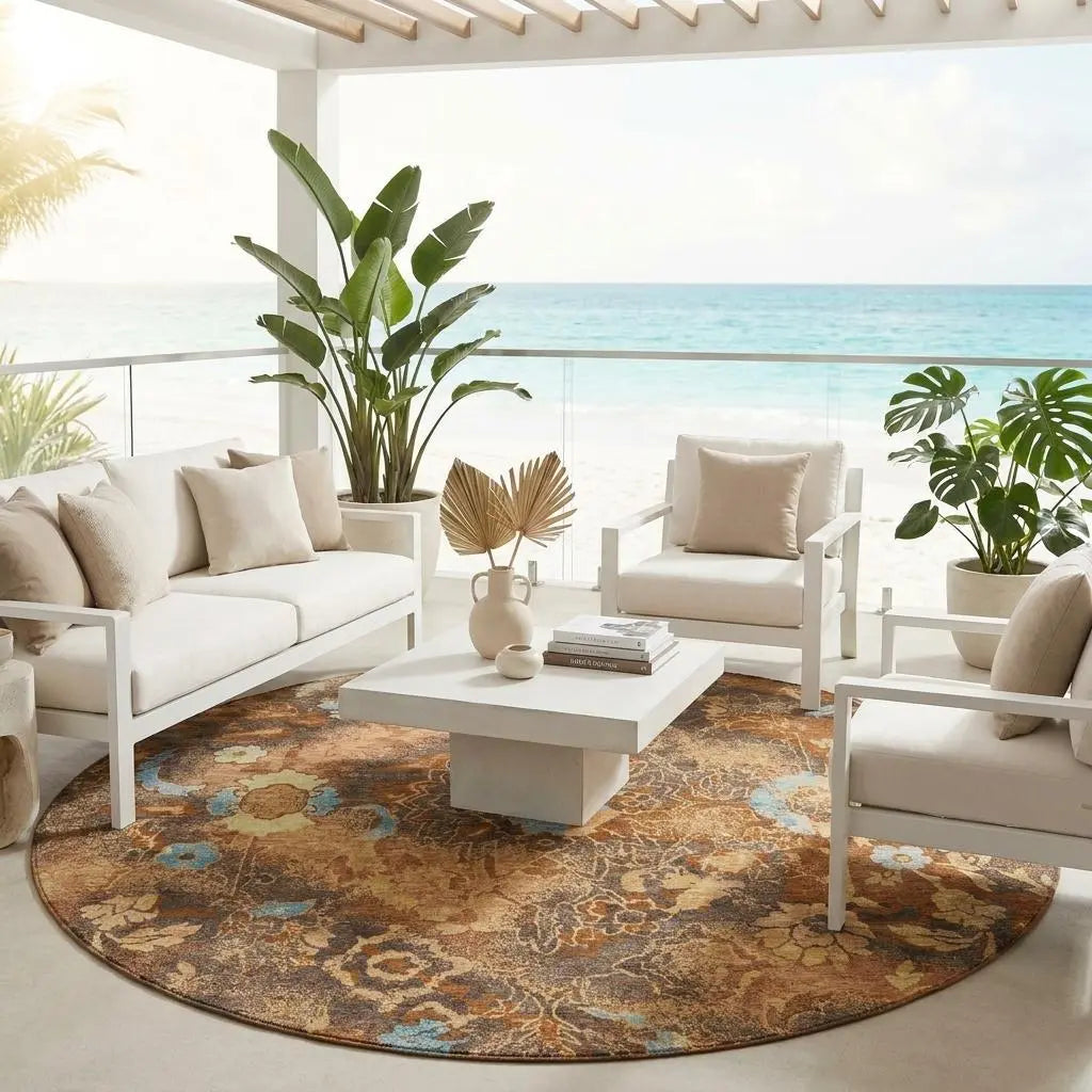 8' Orange And Rust Round Floral Washable Indoor Outdoor Area Rug Homeroots Outdoor