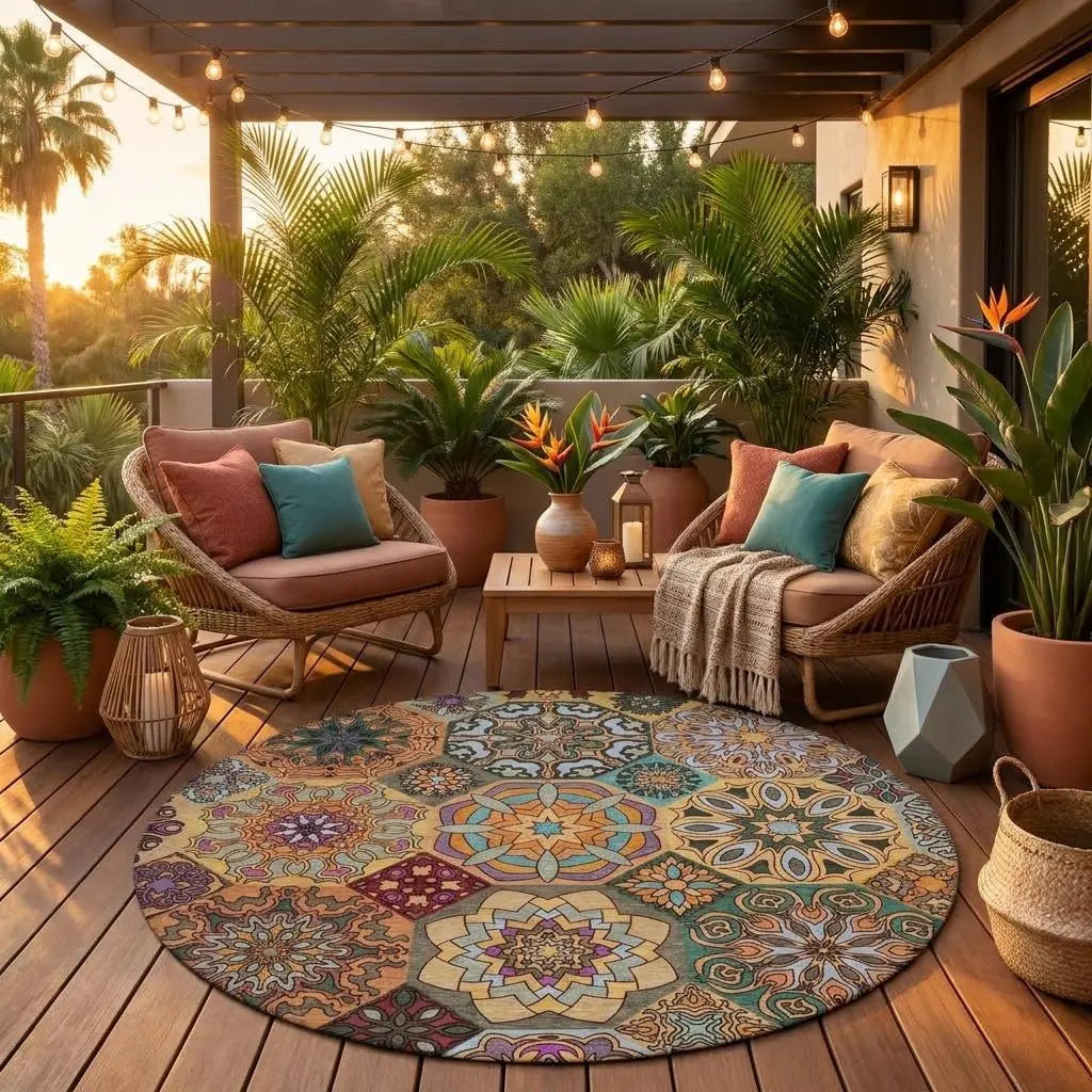 8' Orange And Rust Round Patchwork Washable Indoor Outdoor Area Rug Homeroots Outdoor