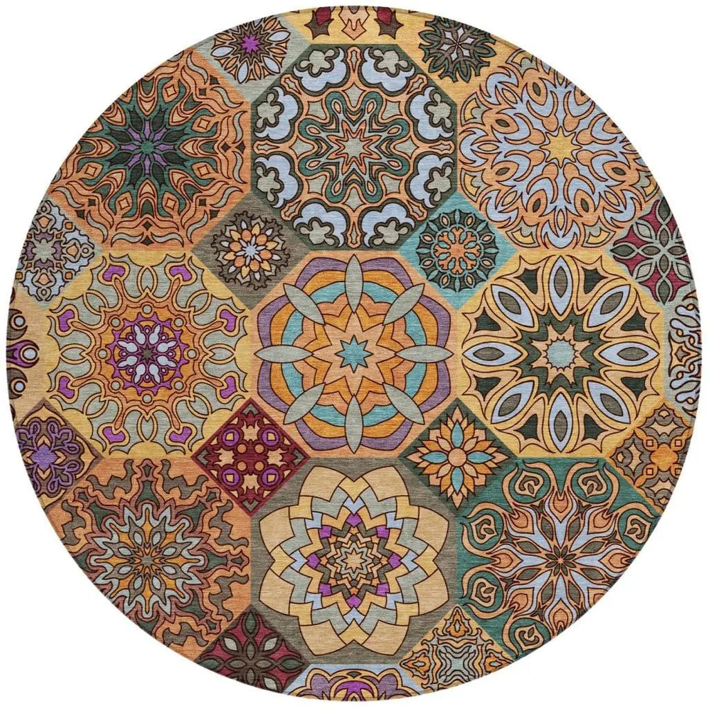 8' Orange And Rust Round Patchwork Washable Indoor Outdoor Area Rug Homeroots Outdoor