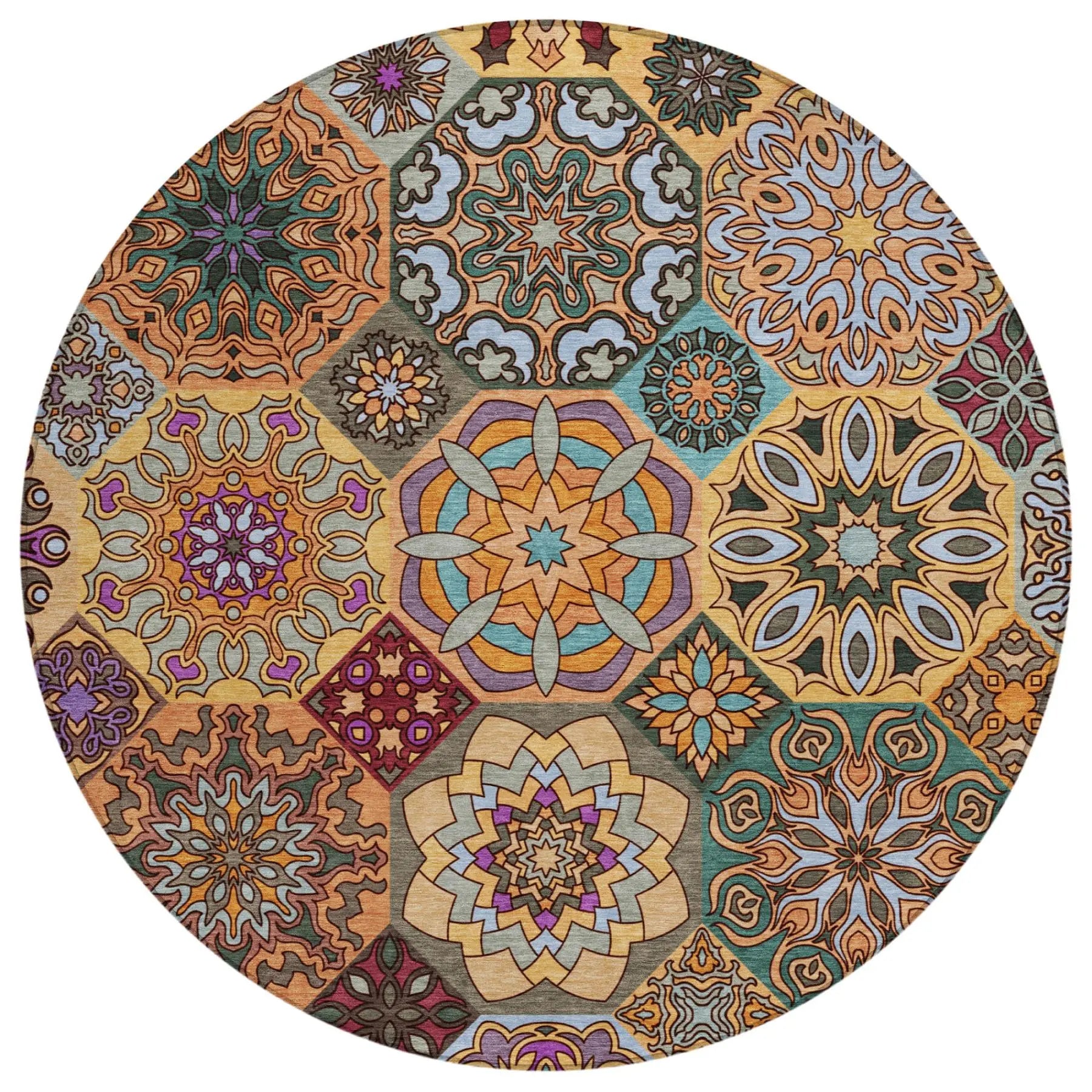 8' Orange And Rust Round Patchwork Washable Indoor Outdoor Area Rug Homeroots Outdoor