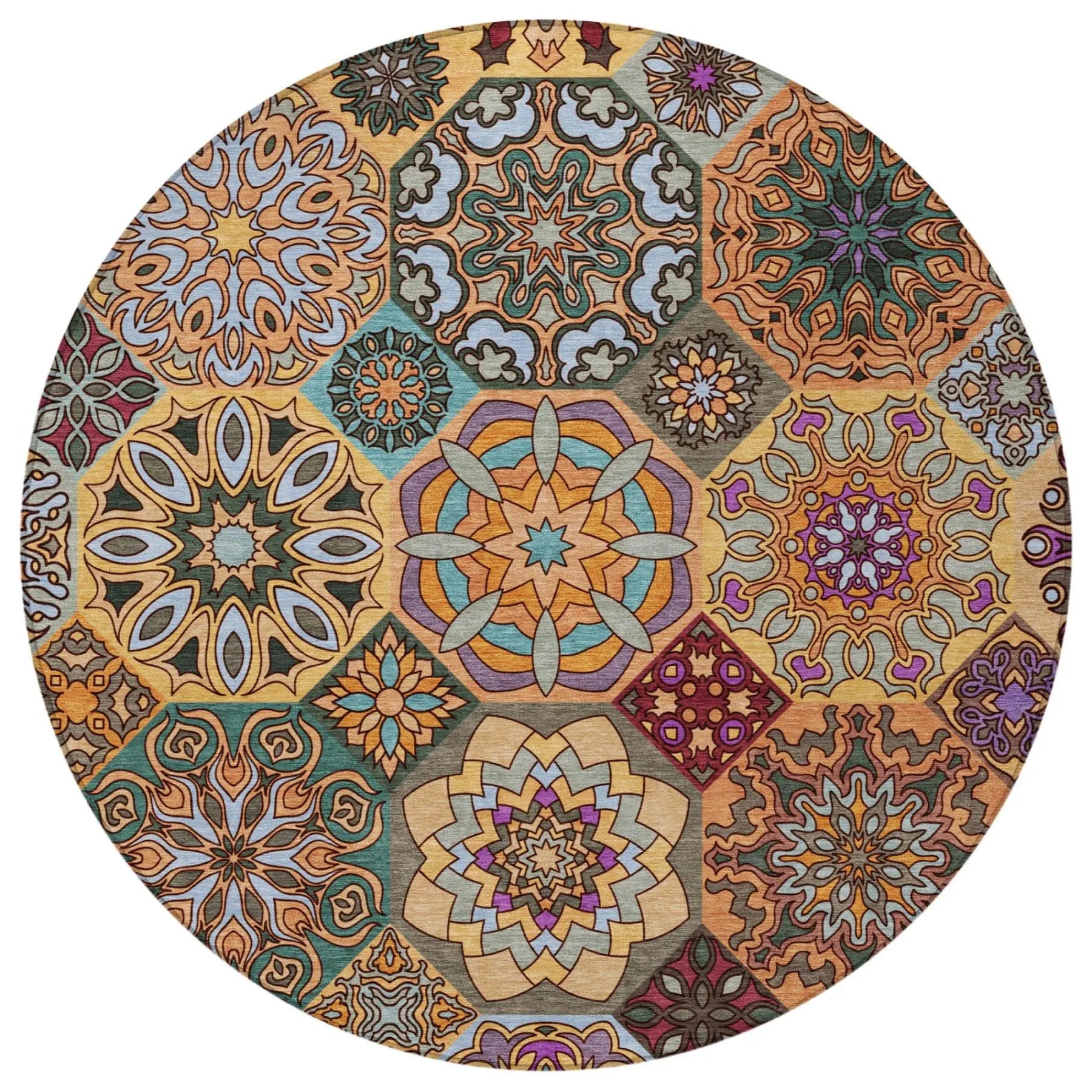 8' Orange And Rust Round Patchwork Washable Indoor Outdoor Area Rug Homeroots Outdoor