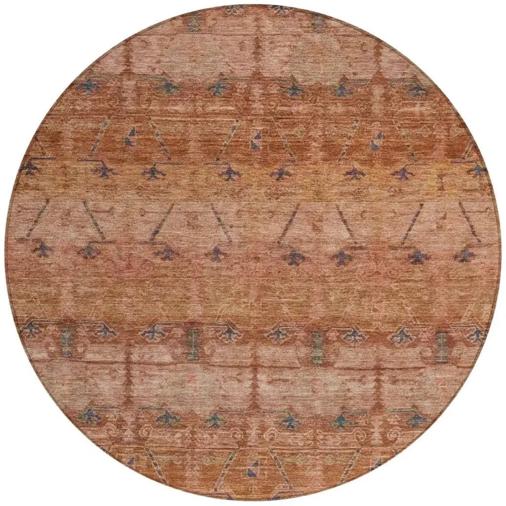 8' Orange And Rust Round Tribal Washable Indoor Outdoor Area Rug Homeroots Outdoor