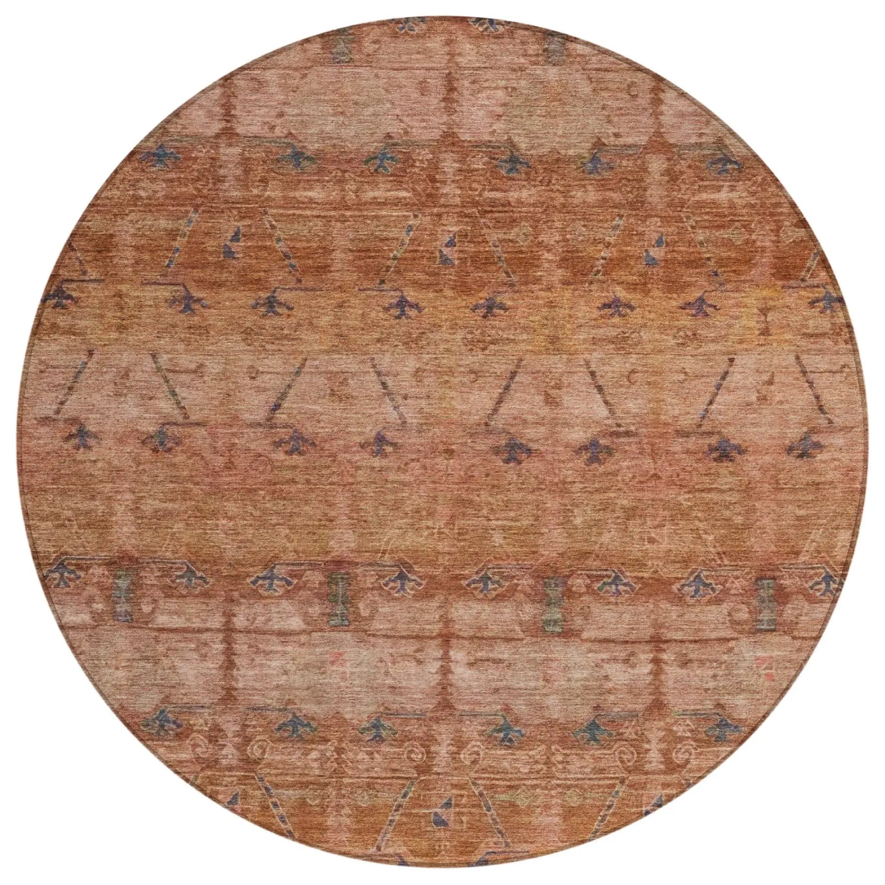8' Orange And Rust Round Tribal Washable Indoor Outdoor Area Rug Homeroots Outdoor
