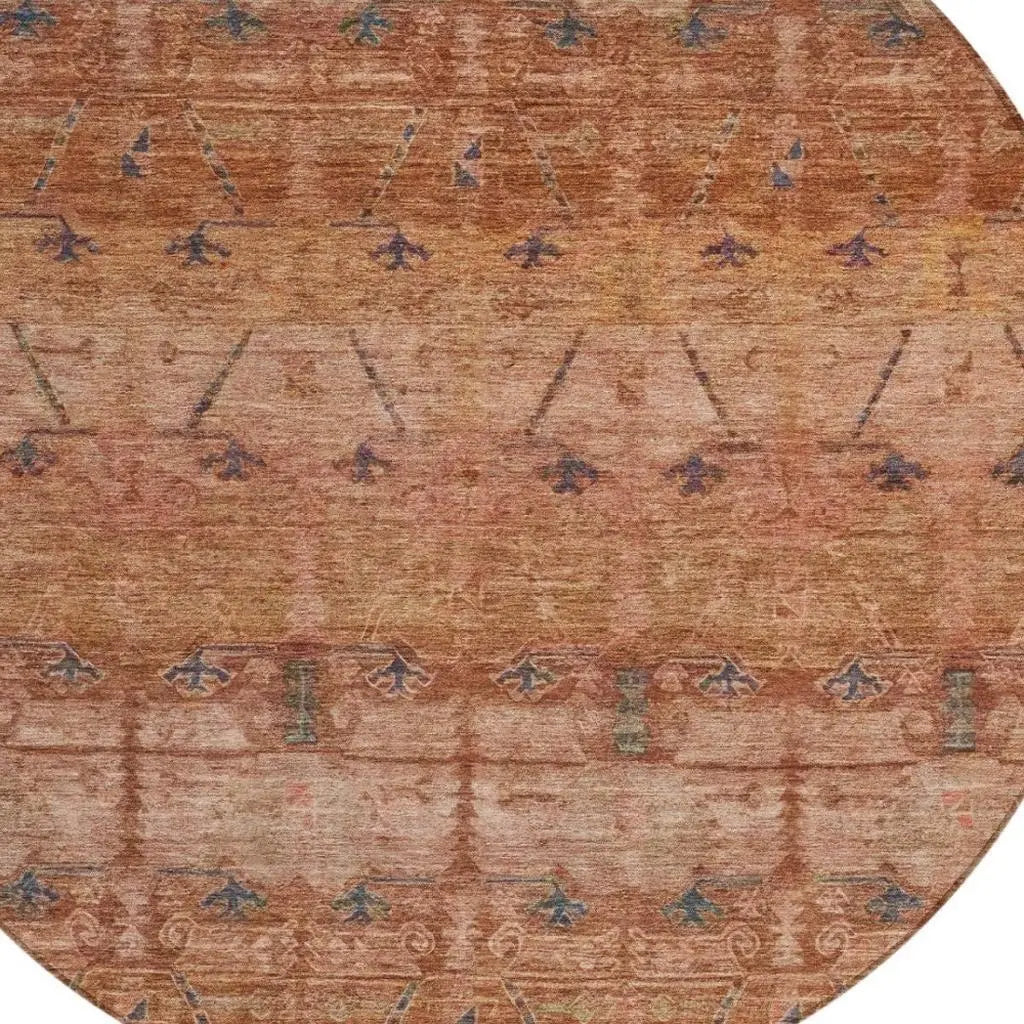 8' Orange And Rust Round Tribal Washable Indoor Outdoor Area Rug Homeroots Outdoor