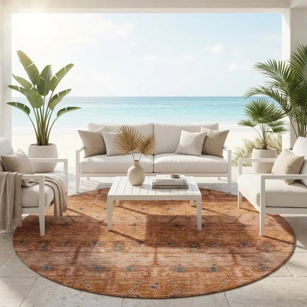 8' Orange And Rust Round Tribal Washable Indoor Outdoor Area Rug Homeroots Outdoor