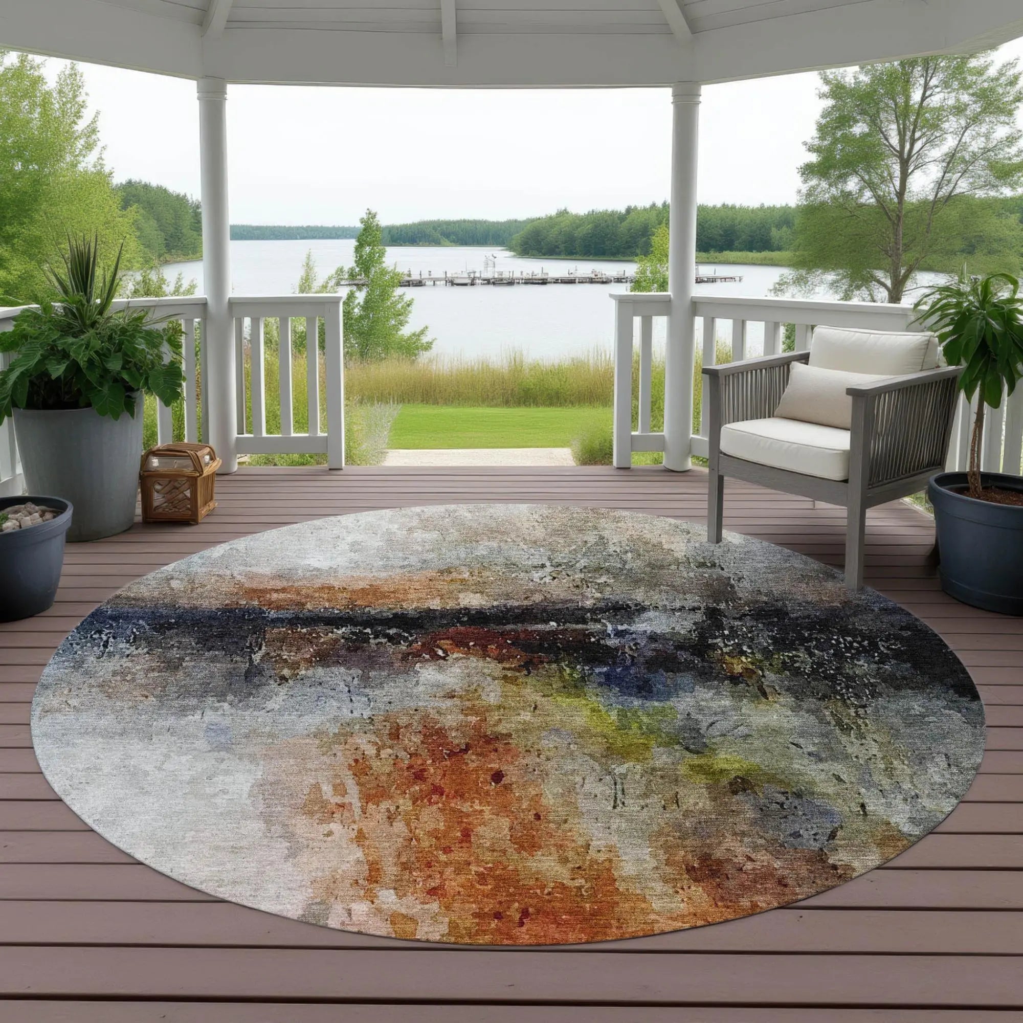 8' Orange And Silver Round Abstract Washable Indoor Outdoor Area Rug Homeroots Outdoor