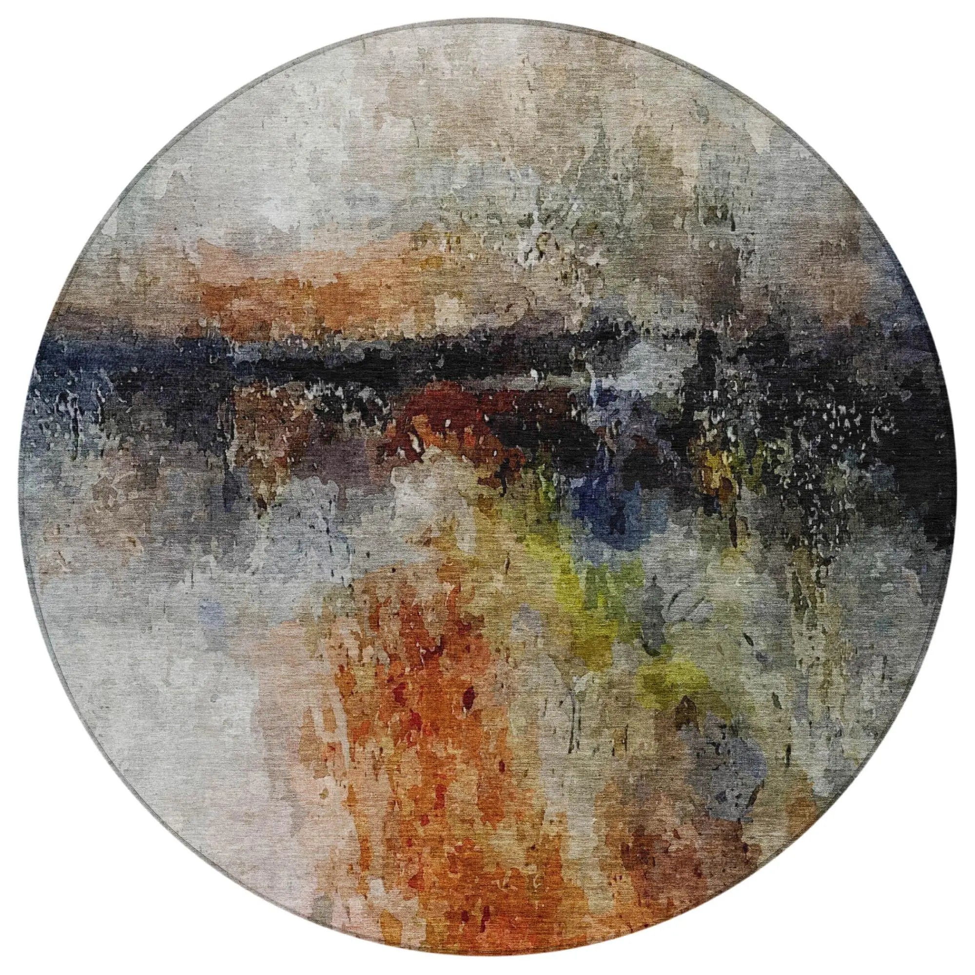 8' Orange And Silver Round Abstract Washable Indoor Outdoor Area Rug Homeroots Outdoor