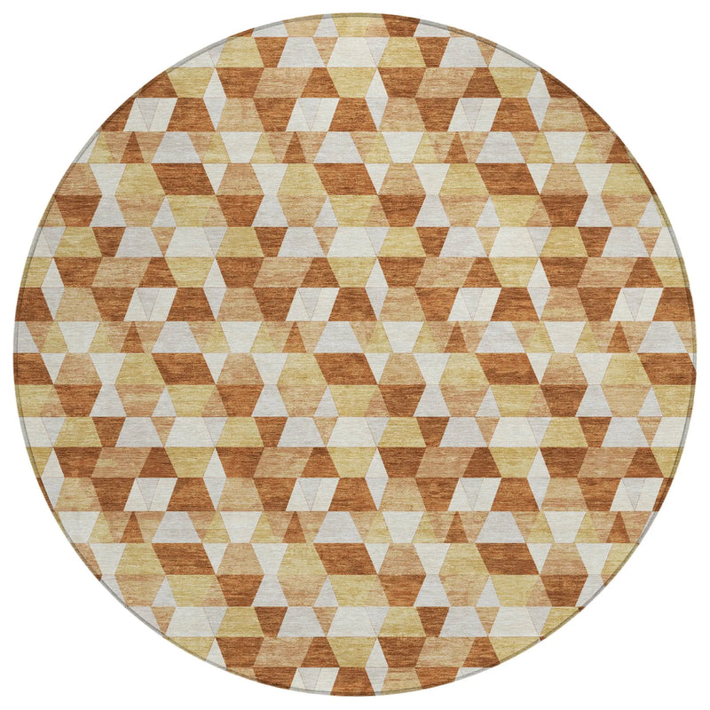 8' Orange And Silver Round Geometric Washable Indoor Outdoor Area Rug Homeroots Outdoor