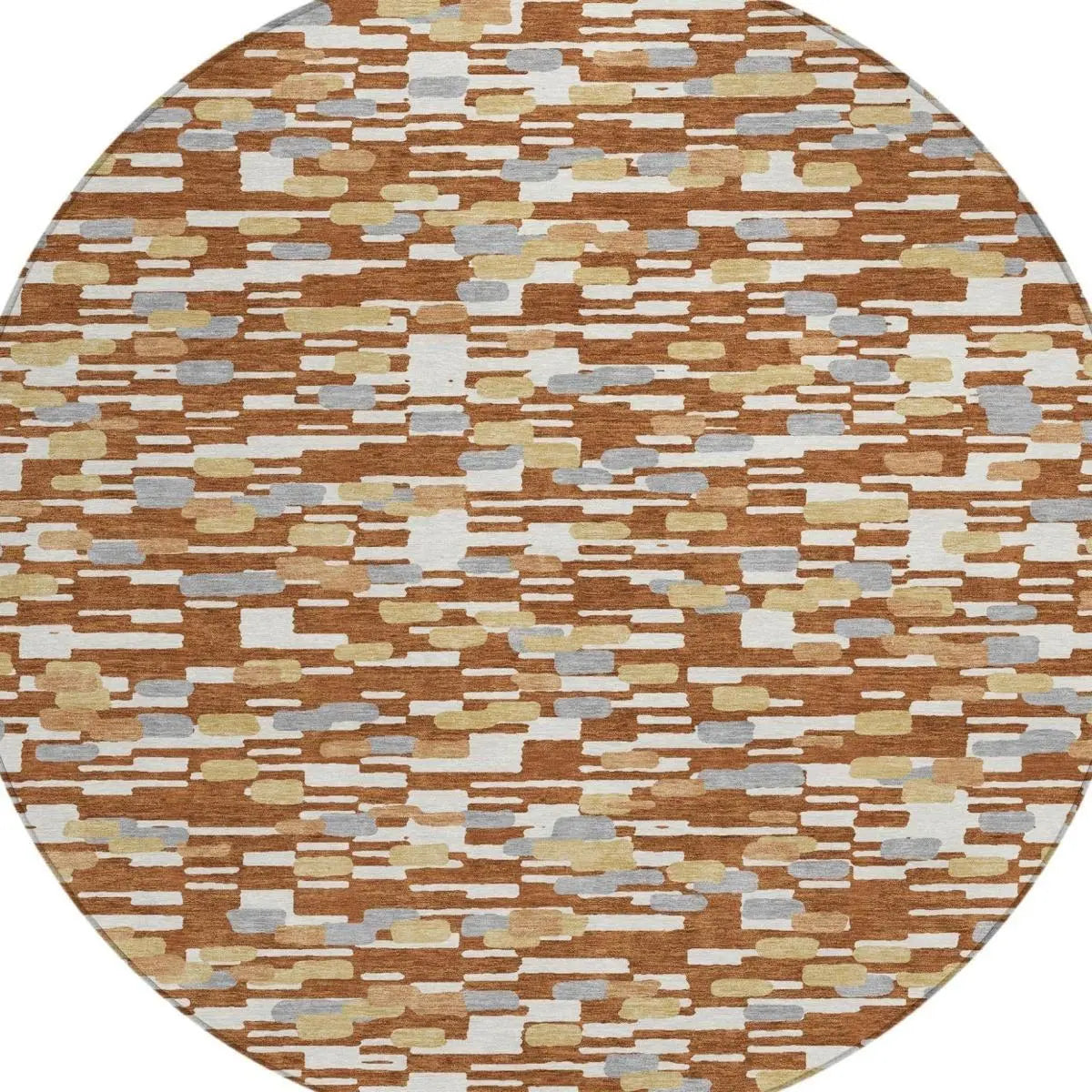 8' Orange And Silver Round Geometric Washable Indoor Outdoor Area Rug Homeroots Outdoor