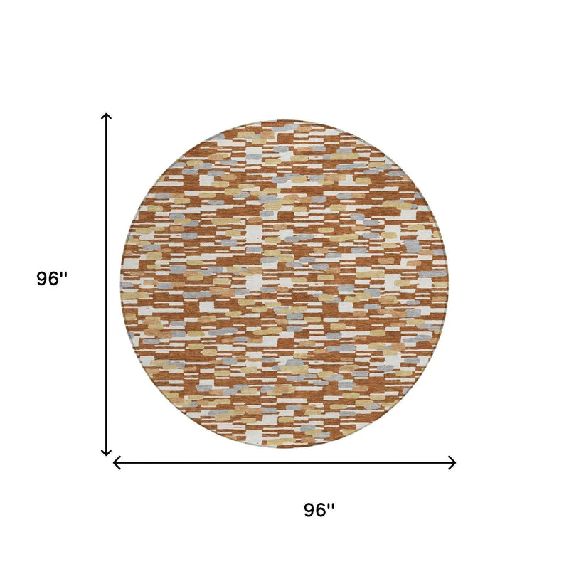8' Orange And Silver Round Geometric Washable Indoor Outdoor Area Rug Homeroots Outdoor