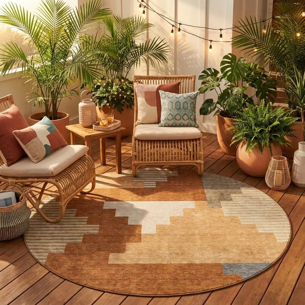 8' Orange And Silver Round Geometric Washable Indoor Outdoor Area Rug Homeroots Outdoor