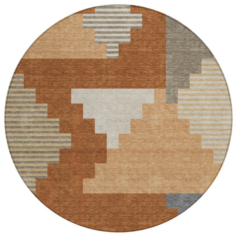 8' Orange And Silver Round Geometric Washable Indoor Outdoor Area Rug Homeroots Outdoor