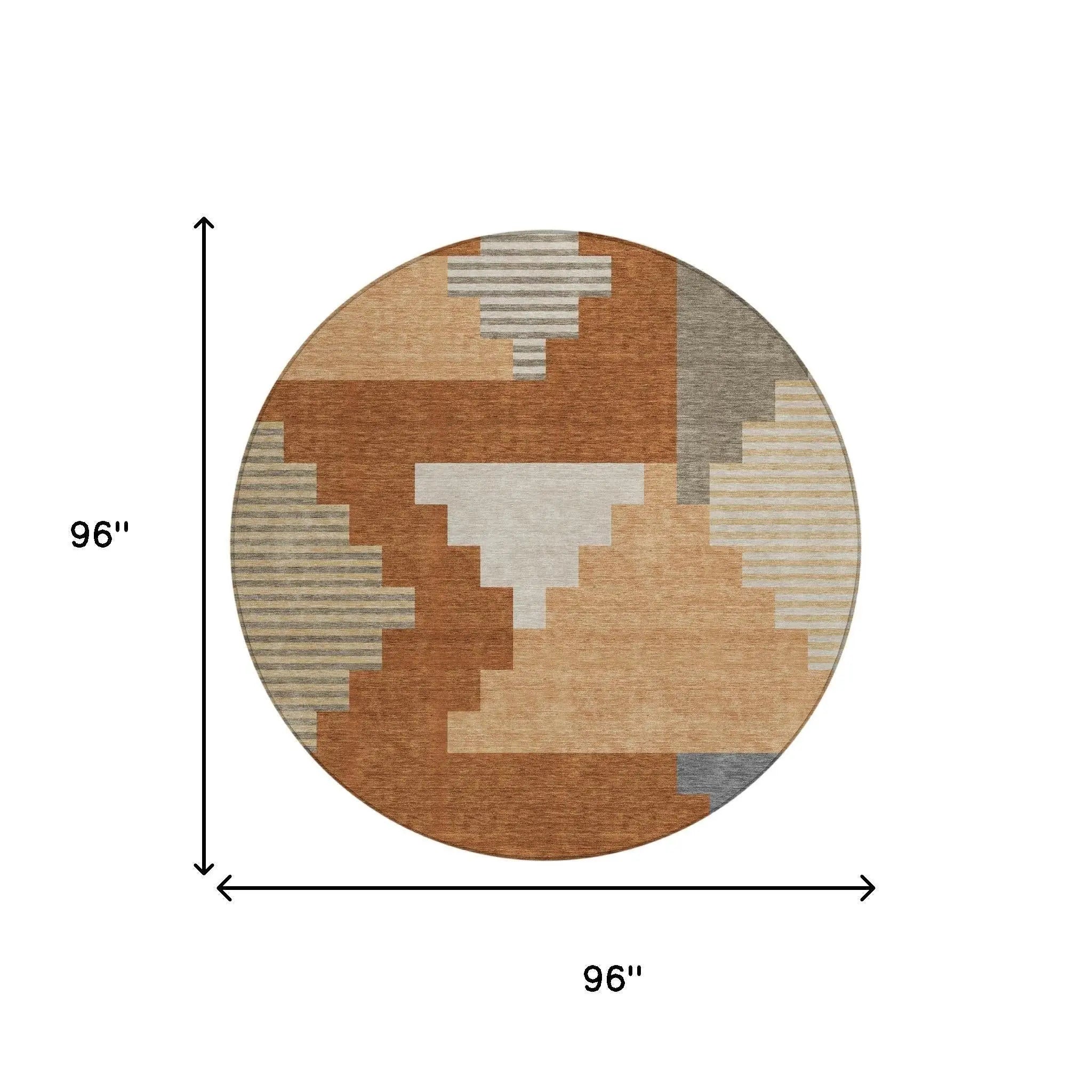 8' Orange And Silver Round Geometric Washable Indoor Outdoor Area Rug Homeroots Outdoor
