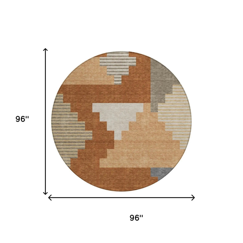 8' Orange And Silver Round Geometric Washable Indoor Outdoor Area Rug Homeroots Outdoor