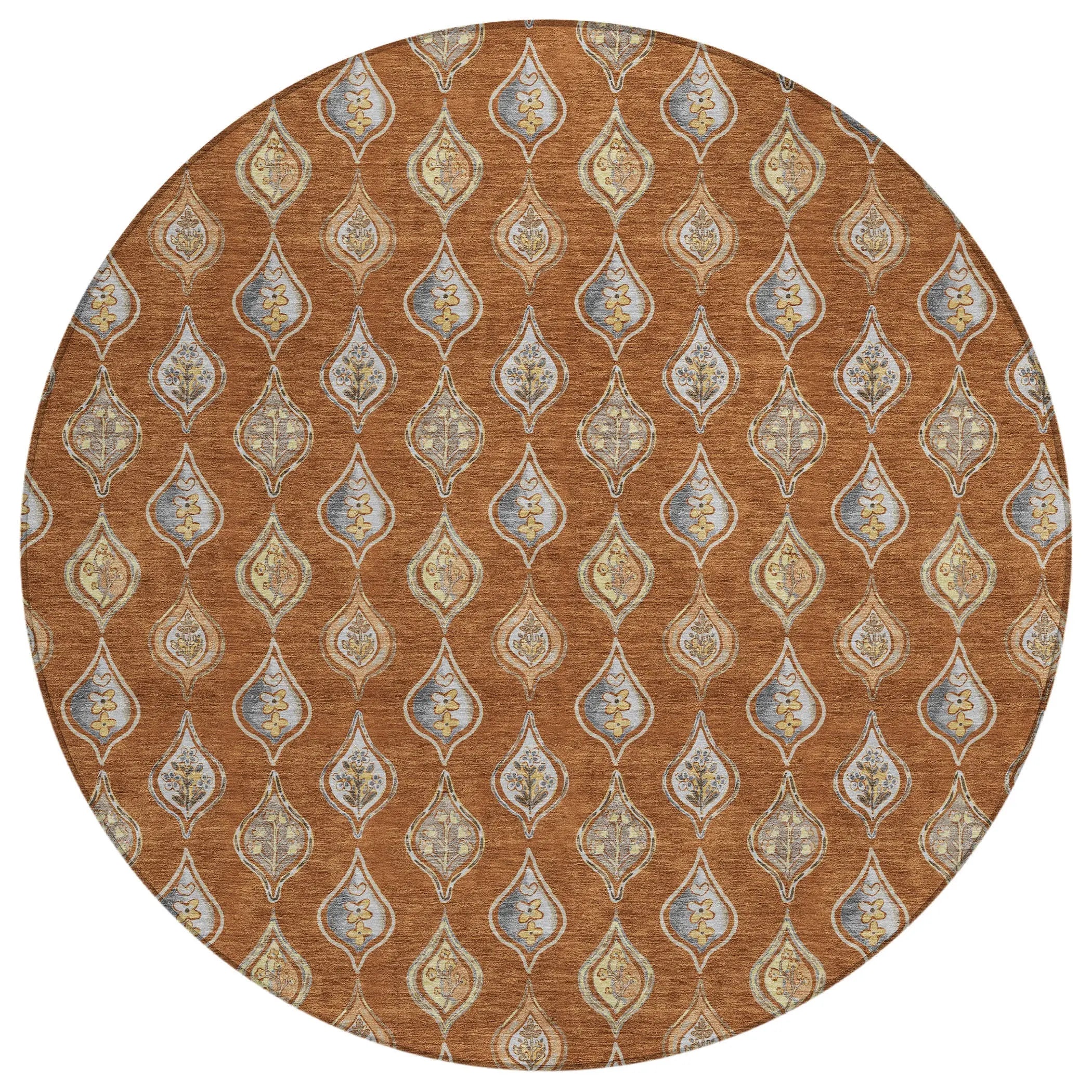 8' Orange And Taupe Round Floral Washable Indoor Outdoor Area Rug Homeroots Outdoor