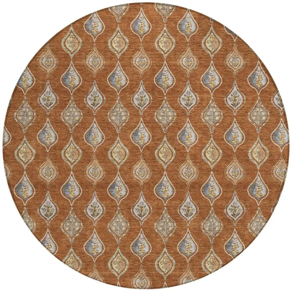 8' Orange And Taupe Round Floral Washable Indoor Outdoor Area Rug Homeroots Outdoor