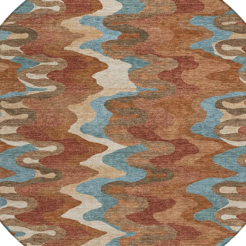 8' Orange And Teal Blue Round Abstract Washable Indoor Outdoor Area Rug Homeroots Outdoor