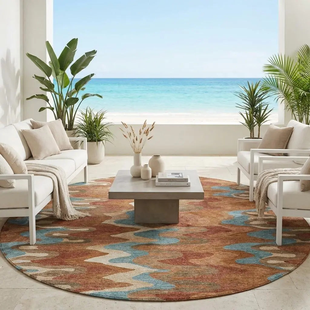 8' Orange And Teal Blue Round Abstract Washable Indoor Outdoor Area Rug Homeroots Outdoor
