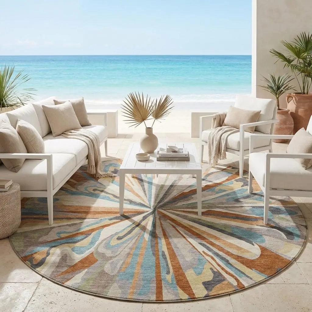 8' Orange And Teal Blue Round Abstract Washable Indoor Outdoor Area Rug Homeroots Outdoor