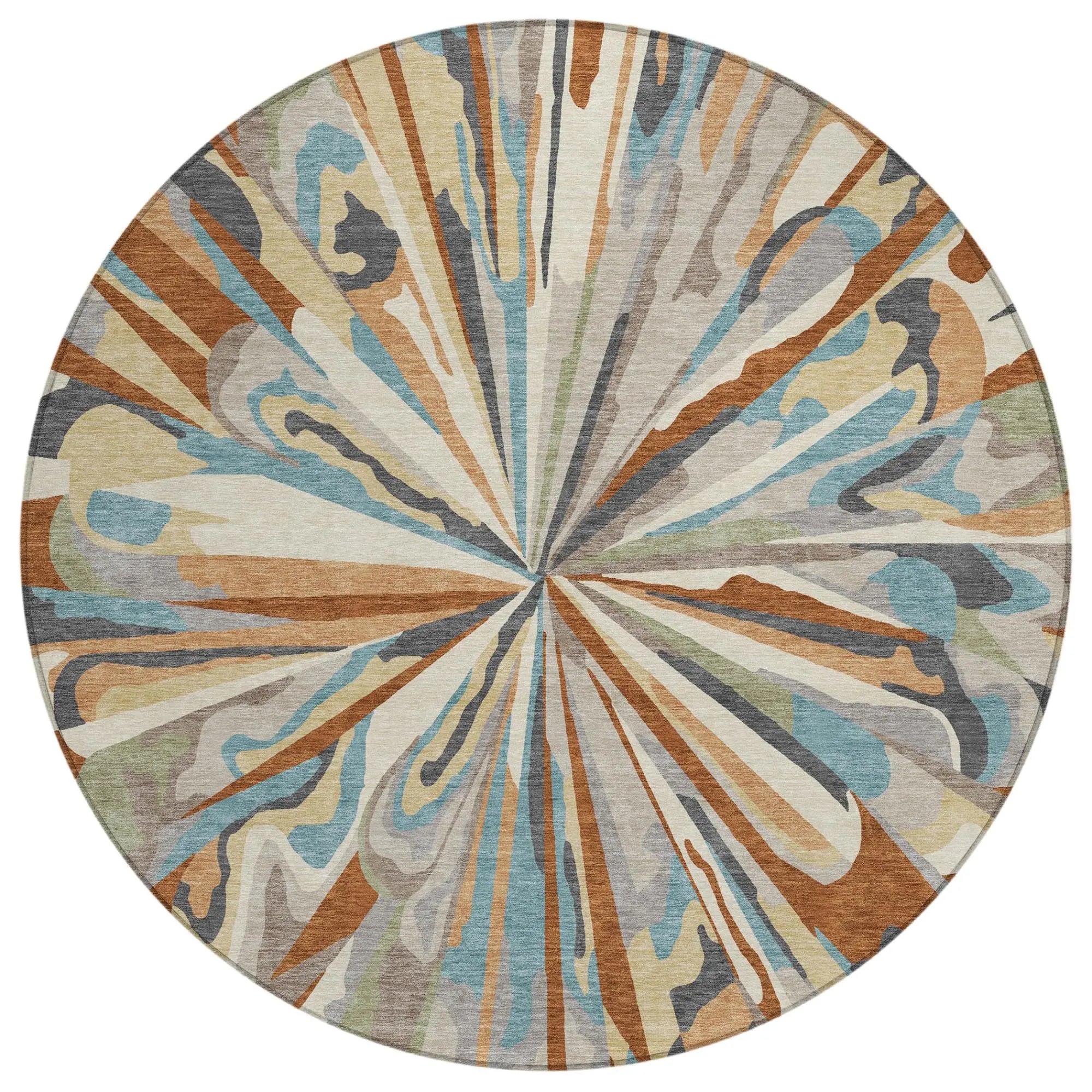 8' Orange And Teal Blue Round Abstract Washable Indoor Outdoor Area Rug Homeroots Outdoor