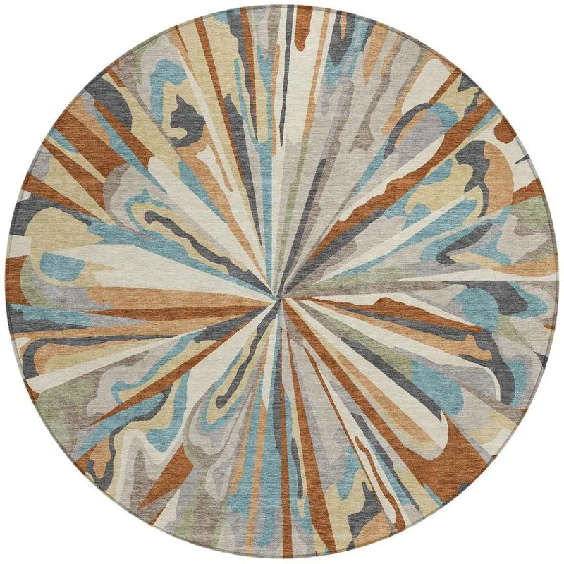8' Orange And Teal Blue Round Abstract Washable Indoor Outdoor Area Rug Homeroots Outdoor