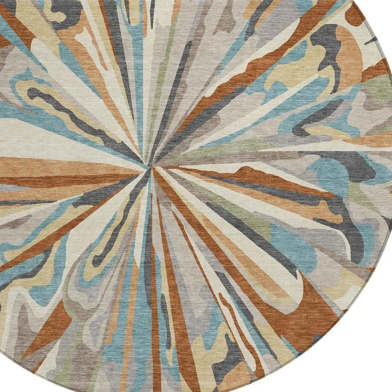 8' Orange And Teal Blue Round Abstract Washable Indoor Outdoor Area Rug Homeroots Outdoor