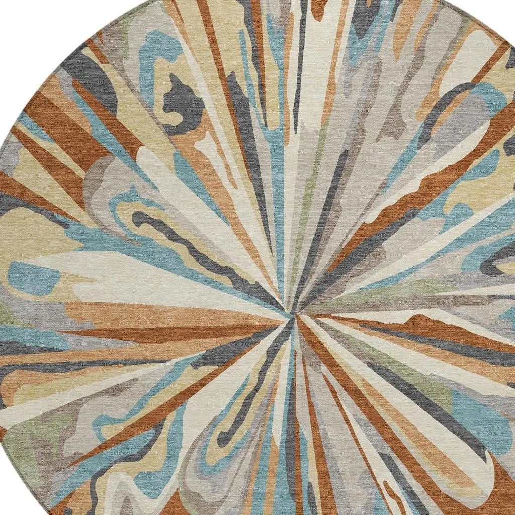 8' Orange And Teal Blue Round Abstract Washable Indoor Outdoor Area Rug Homeroots Outdoor