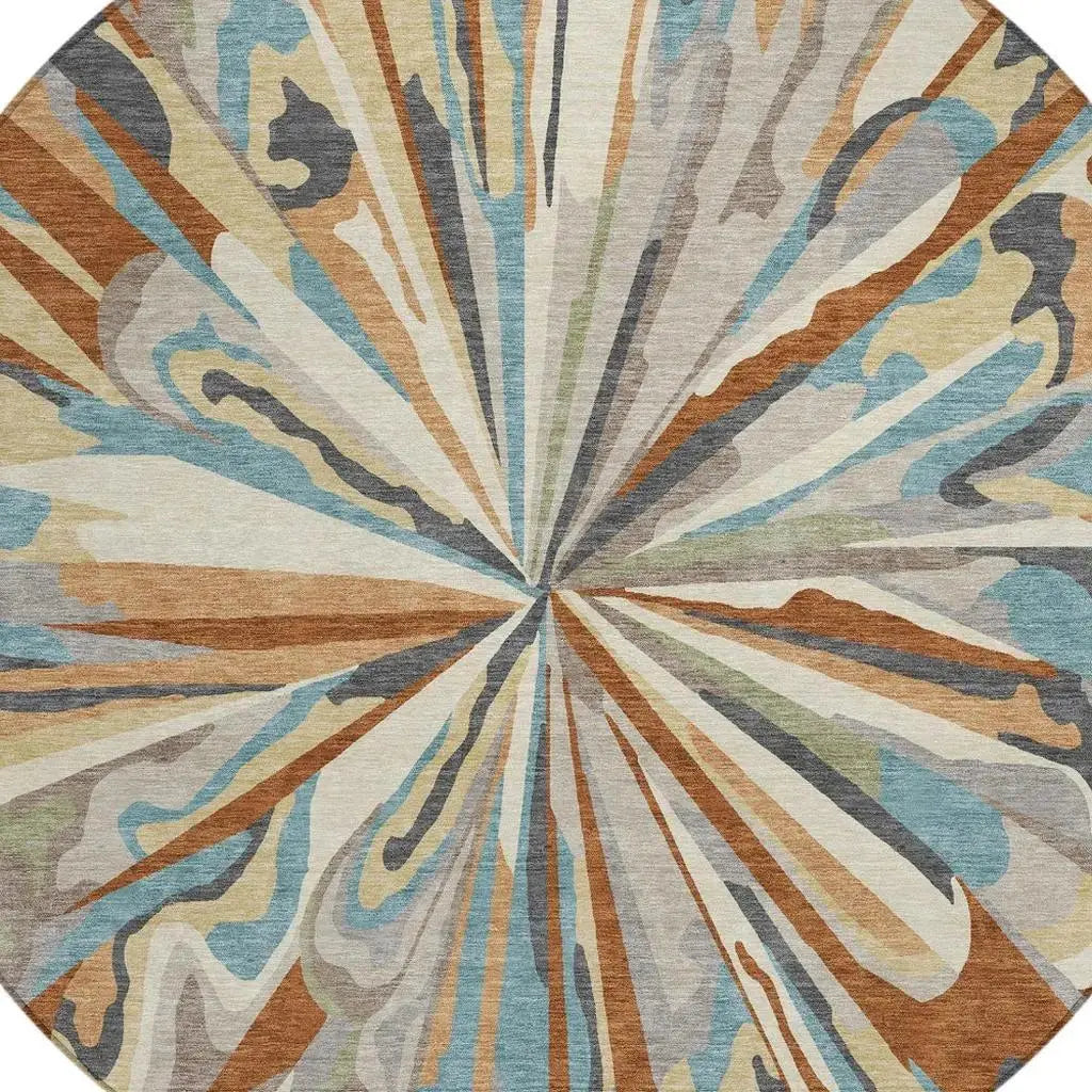 8' Orange And Teal Blue Round Abstract Washable Indoor Outdoor Area Rug Homeroots Outdoor