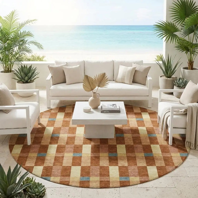 8' Orange And Teal Blue Round Geometric Washable Indoor Outdoor Area Rug Homeroots Outdoor