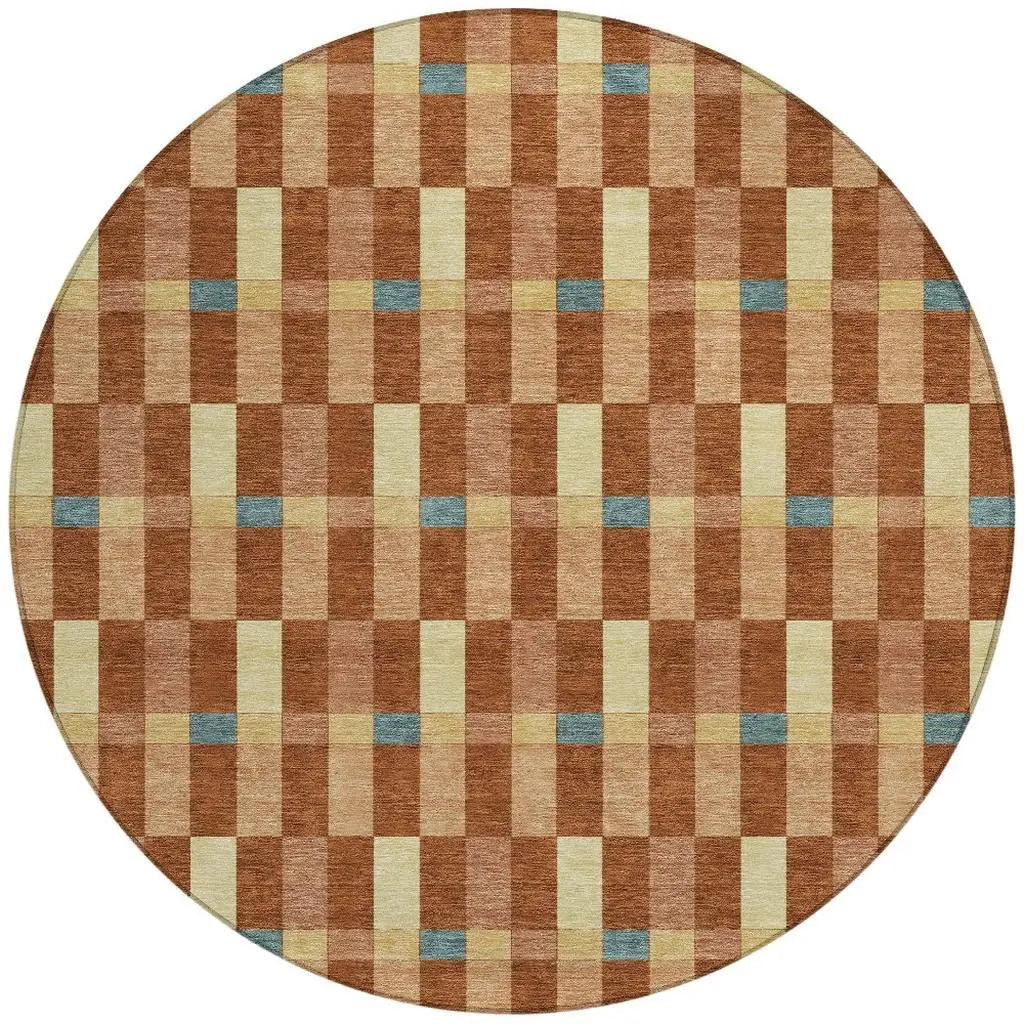 8' Orange And Teal Blue Round Geometric Washable Indoor Outdoor Area Rug Homeroots Outdoor