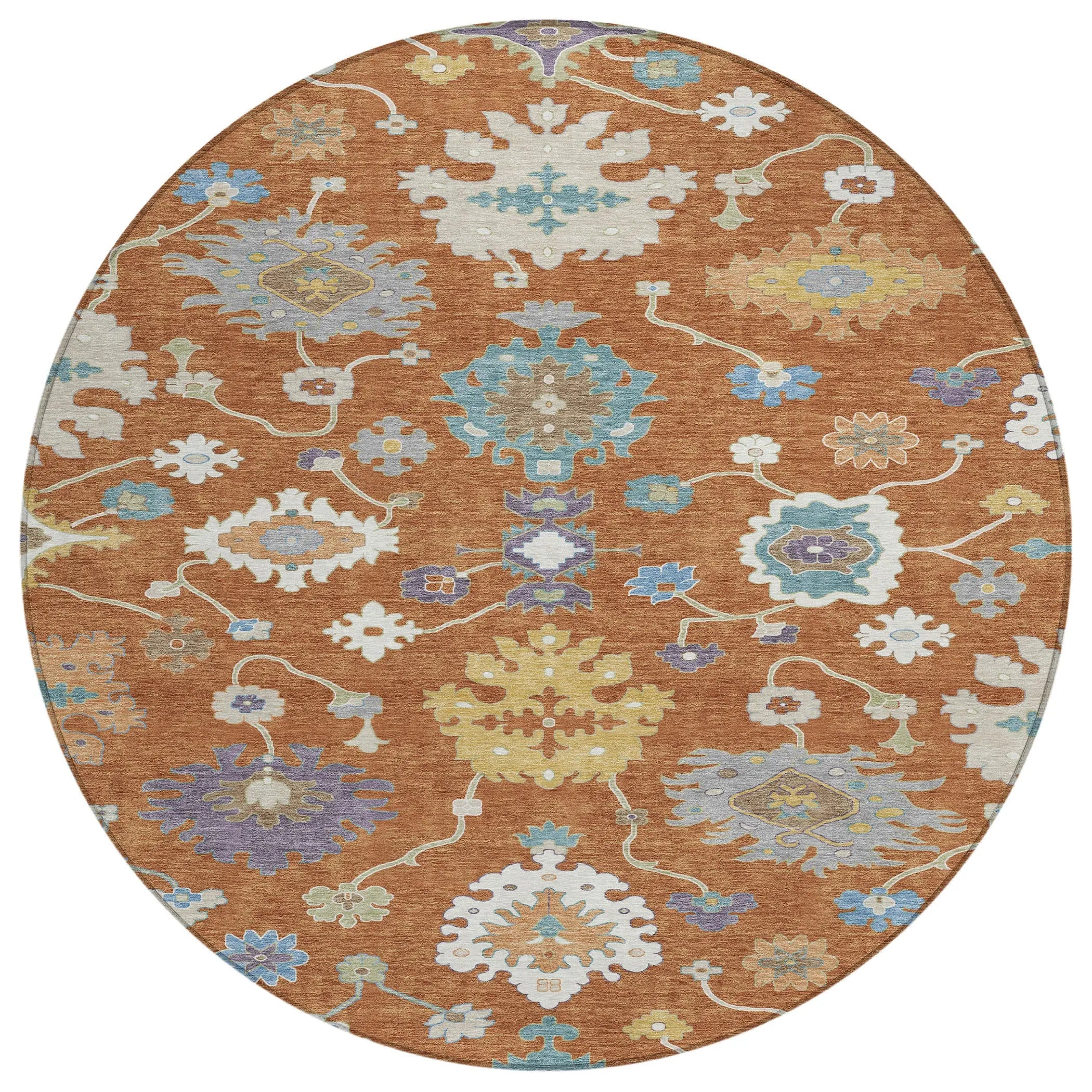 8' Orange And Teal Blue Round Oriental Washable Indoor Outdoor Area Rug Homeroots Outdoor
