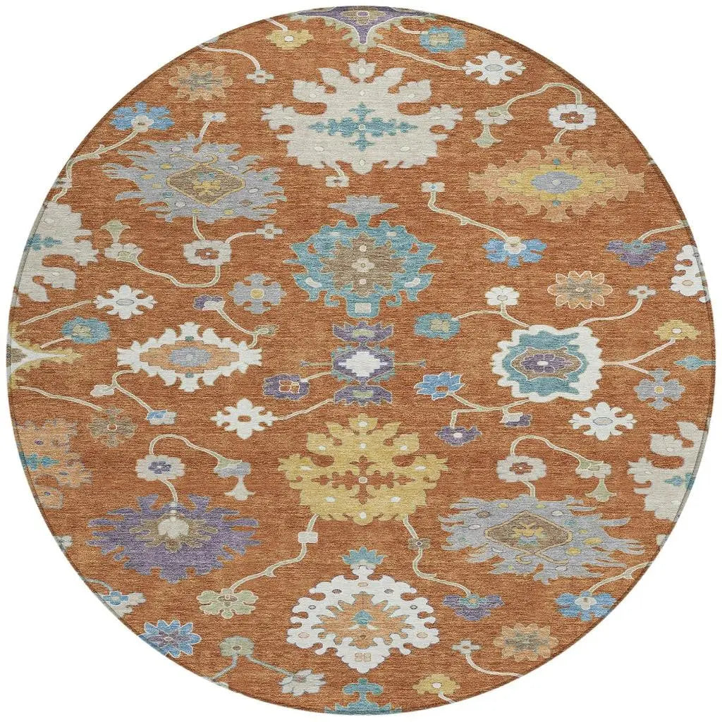 8' Orange And Teal Blue Round Oriental Washable Indoor Outdoor Area Rug Homeroots Outdoor