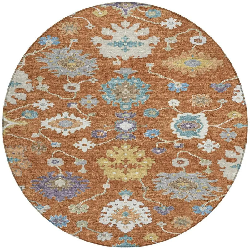 8' Orange And Teal Blue Round Oriental Washable Indoor Outdoor Area Rug Homeroots Outdoor