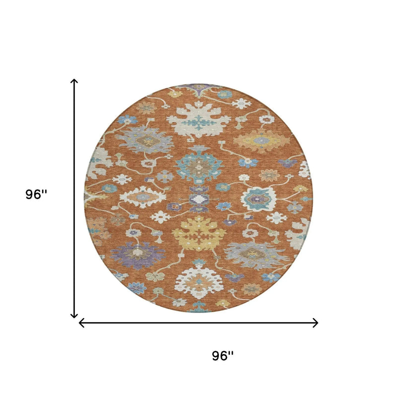 8' Orange And Teal Blue Round Oriental Washable Indoor Outdoor Area Rug Homeroots Outdoor