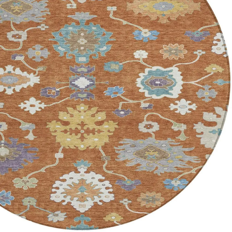 8' Orange And Teal Blue Round Oriental Washable Indoor Outdoor Area Rug Homeroots Outdoor