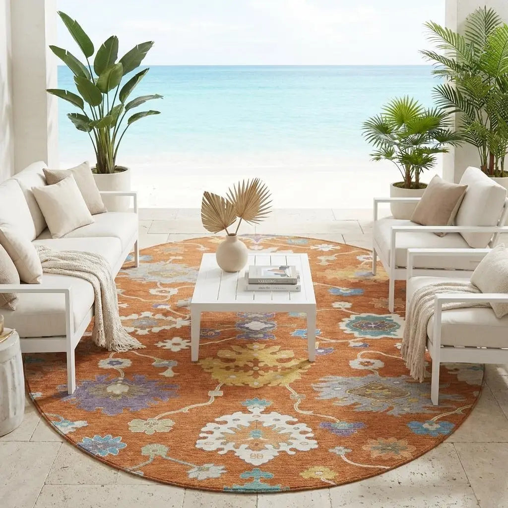 8' Orange And Teal Blue Round Oriental Washable Indoor Outdoor Area Rug Homeroots Outdoor