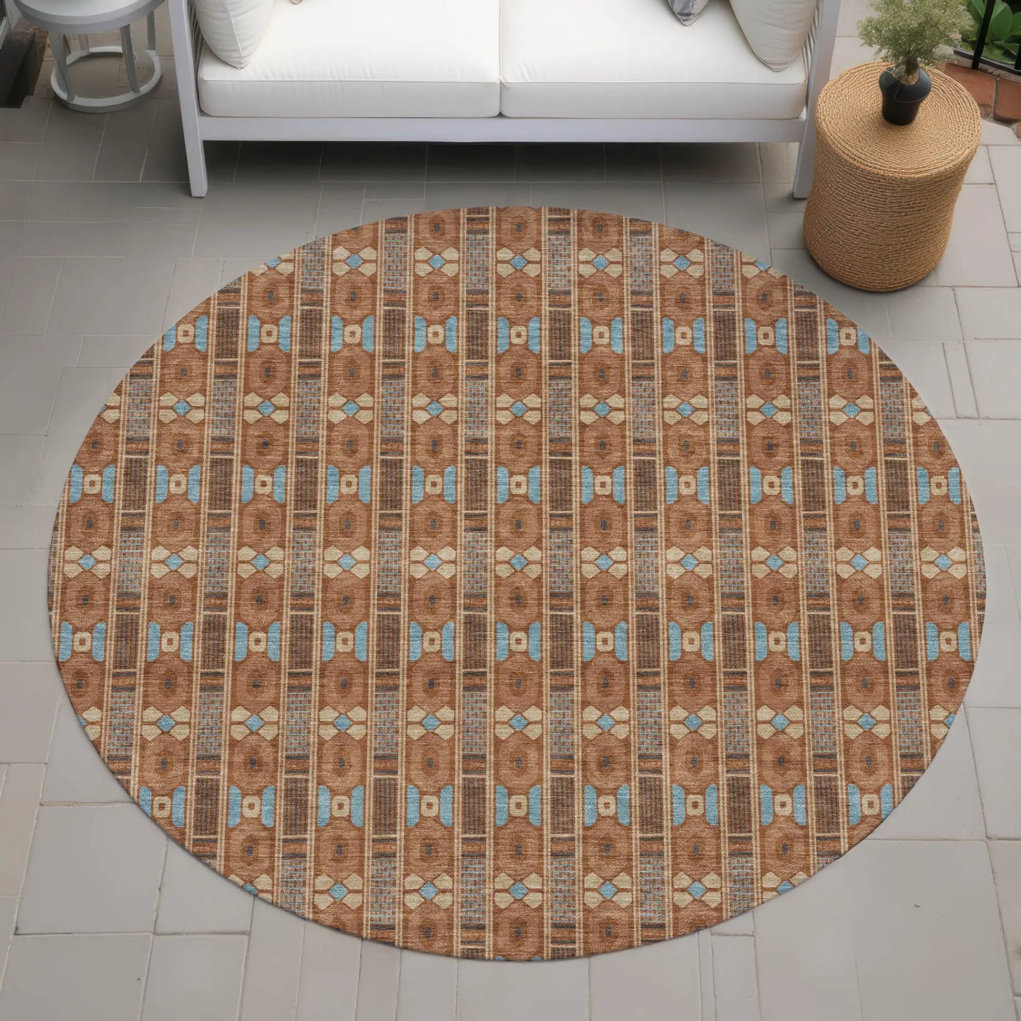 8' Orange And Teal Blue Round Striped Washable Indoor Outdoor Area Rug Homeroots Outdoor