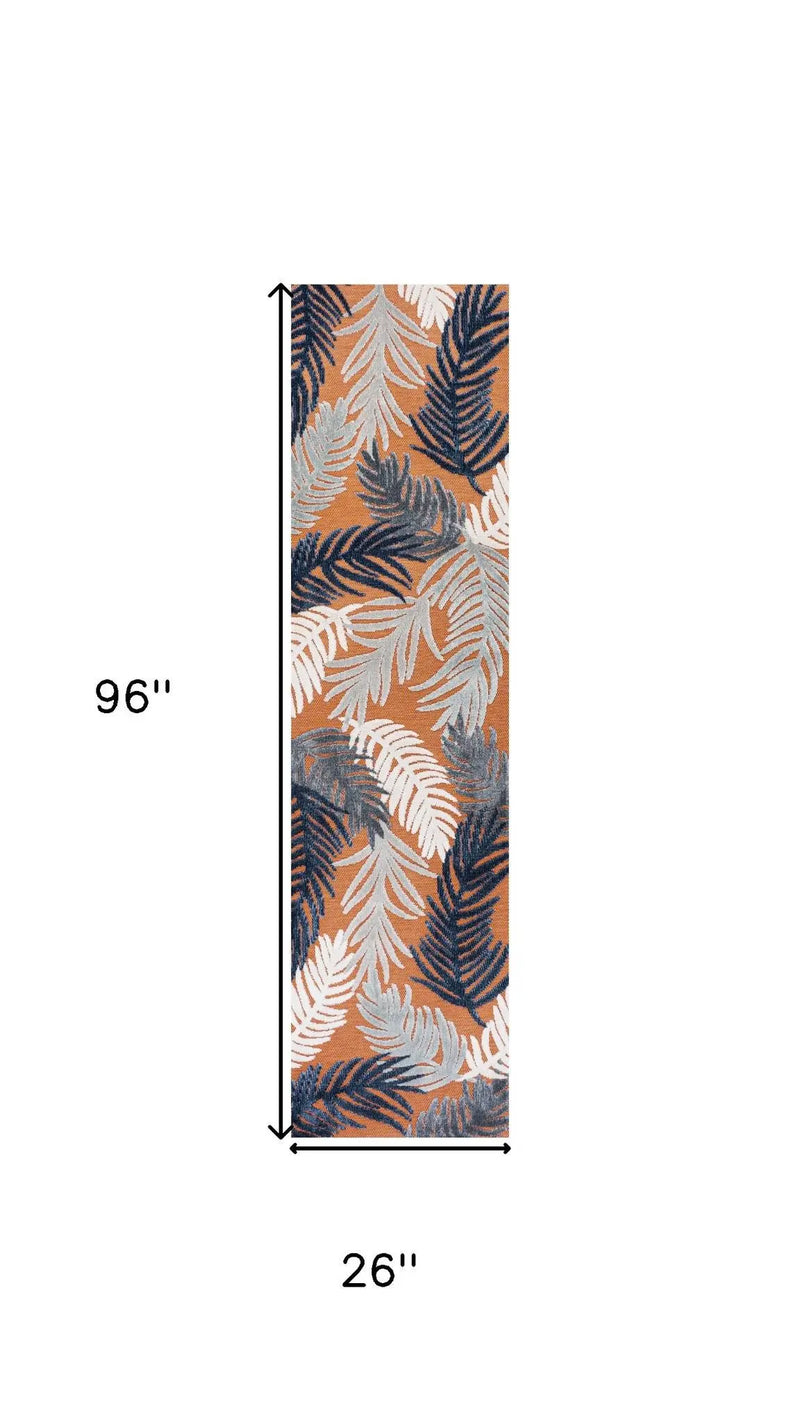 8' Orange Navy Blue And Ivory Floral Indoor Outdoor Runner Rug - GreatEagleInc