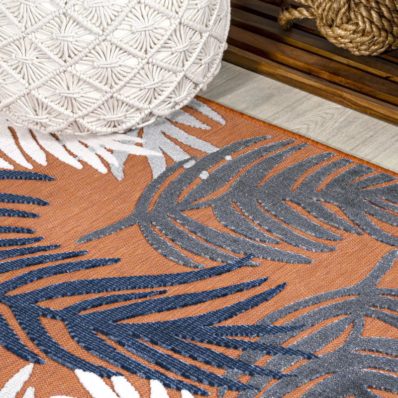 8' Orange Navy Blue And Ivory Floral Indoor Outdoor Runner Rug - GreatEagleInc