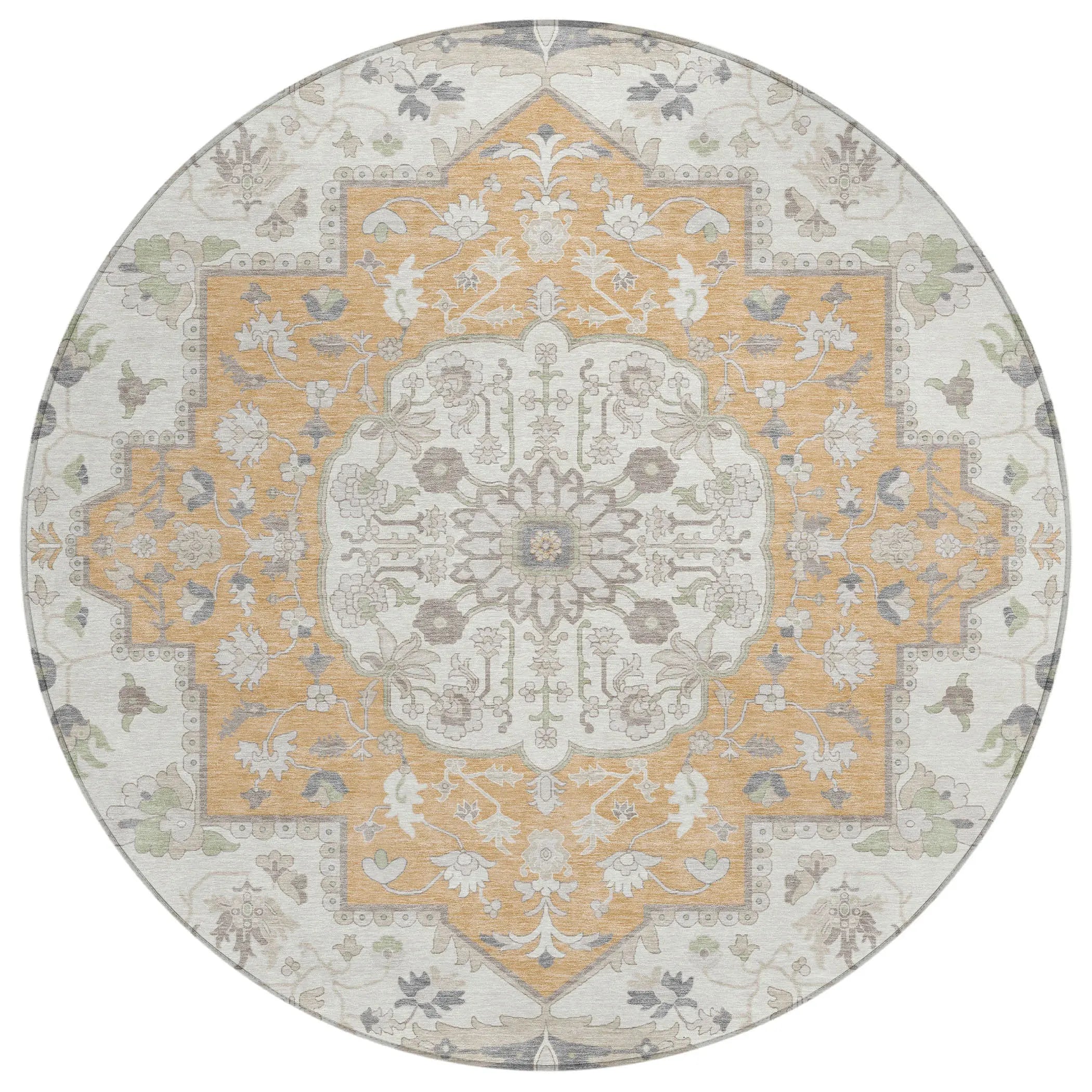8' Peach And Gold Round Oriental Washable Indoor Outdoor Area Rug Homeroots Outdoor